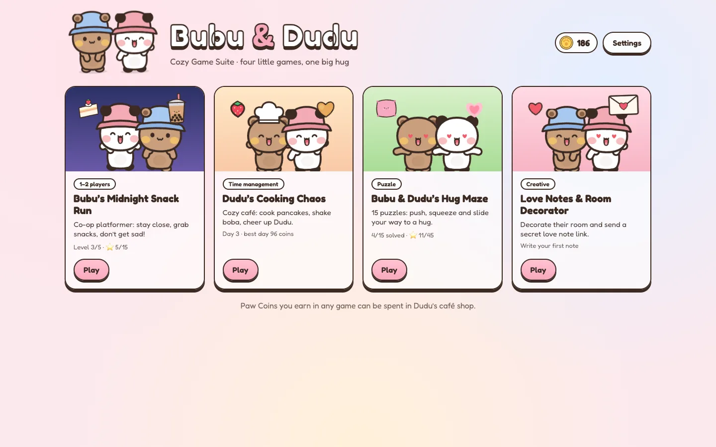Bubu & Dudu Cozy Game Suite – 4 HTML5 Games in One: Co-op Platformer, Café, Puzzle Maze & Love Notes (Phaser 3)