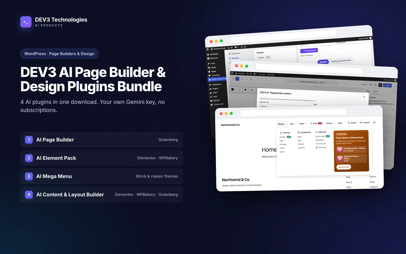 DEV3 AI Page Builder & Design Plugins Bundle – Gutenberg, Elementor, WPBakery & Mega Menu