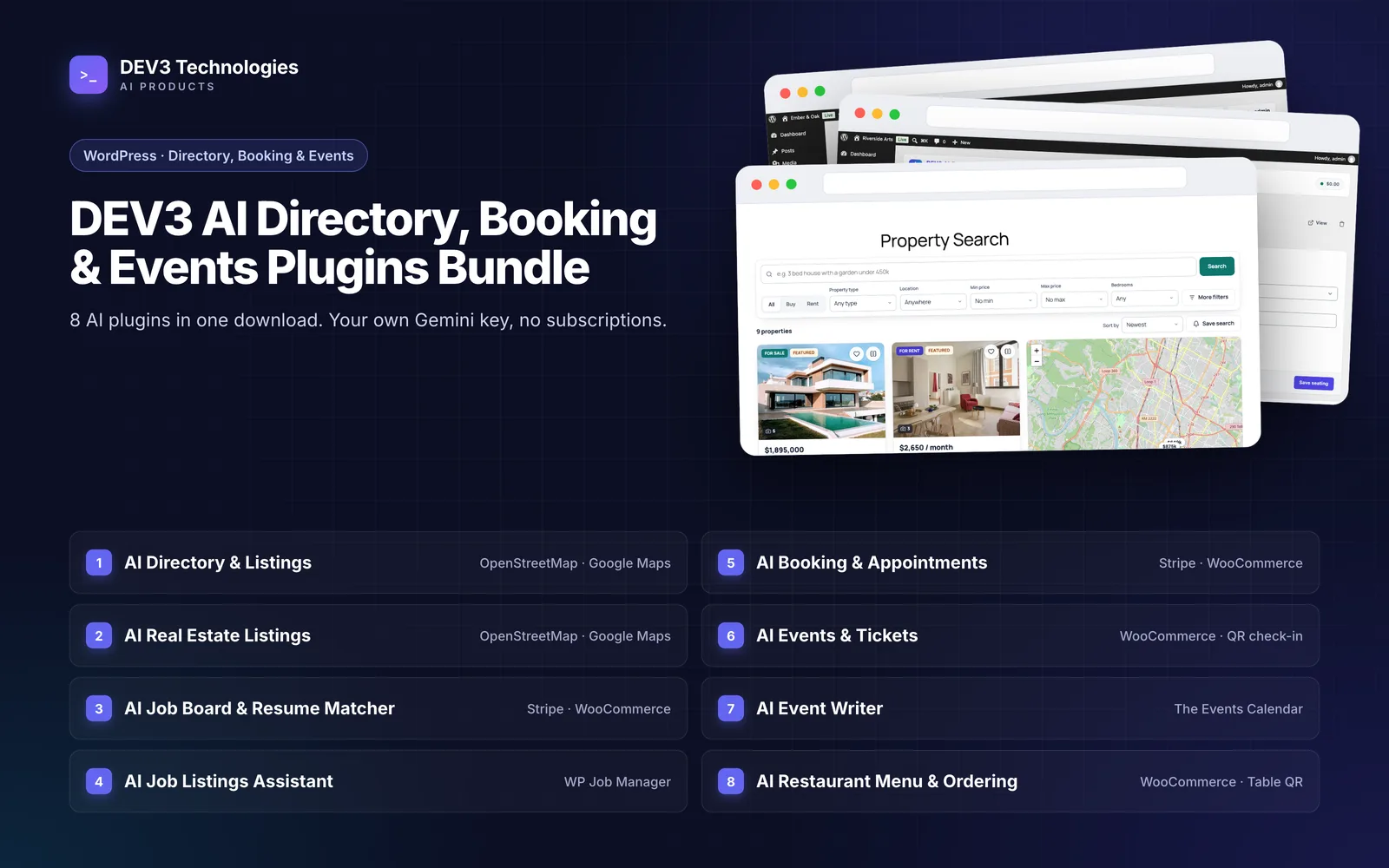 DEV3 AI Directory, Booking & Events Plugins Bundle – Listings, Jobs, Events & Restaurants
