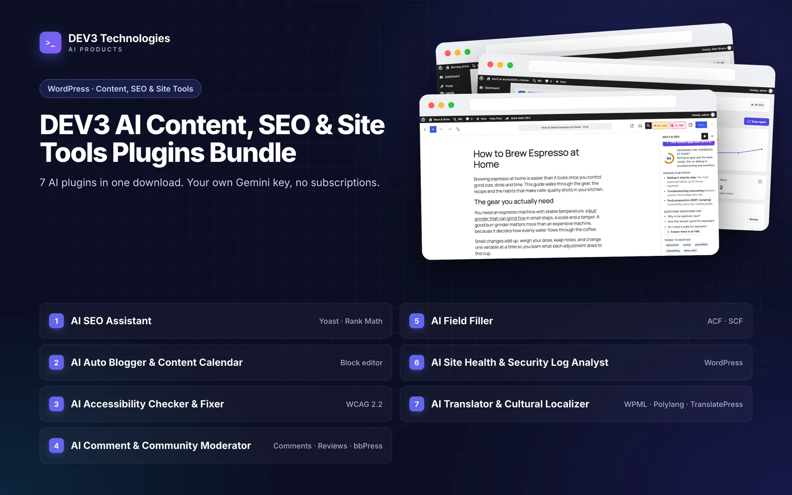 DEV3 AI Content, SEO & Site Tools Plugins Bundle – SEO, Blogging, Accessibility & More