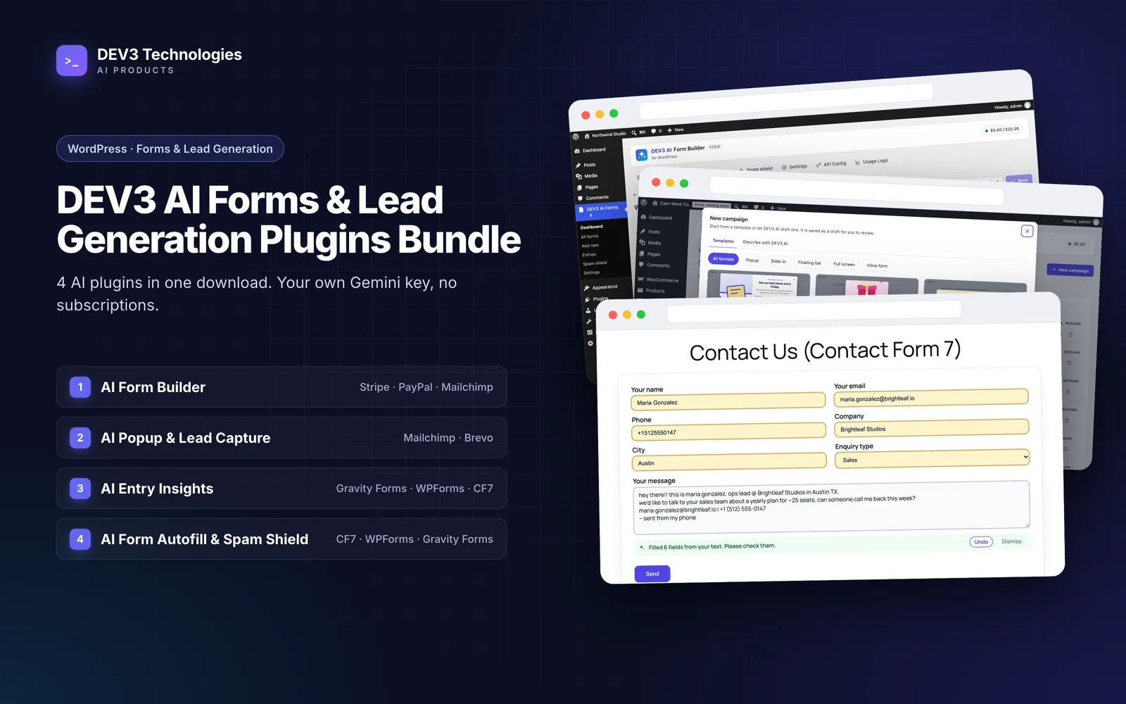 DEV3 AI Forms & Lead Generation Plugins Bundle – Form Builder, Popups, Spam Shield & Insights