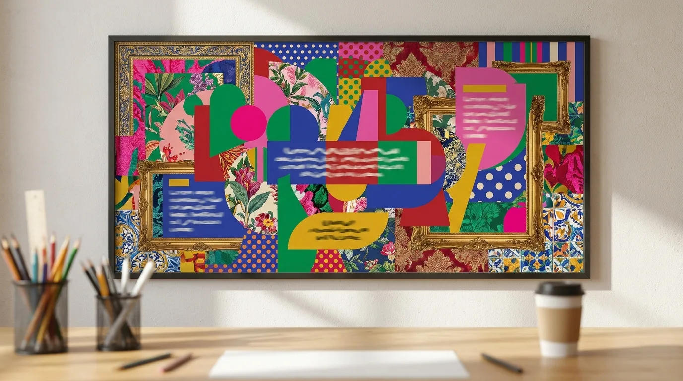 Maximalism example: layered patterns, clashing colours and oversized shapes
