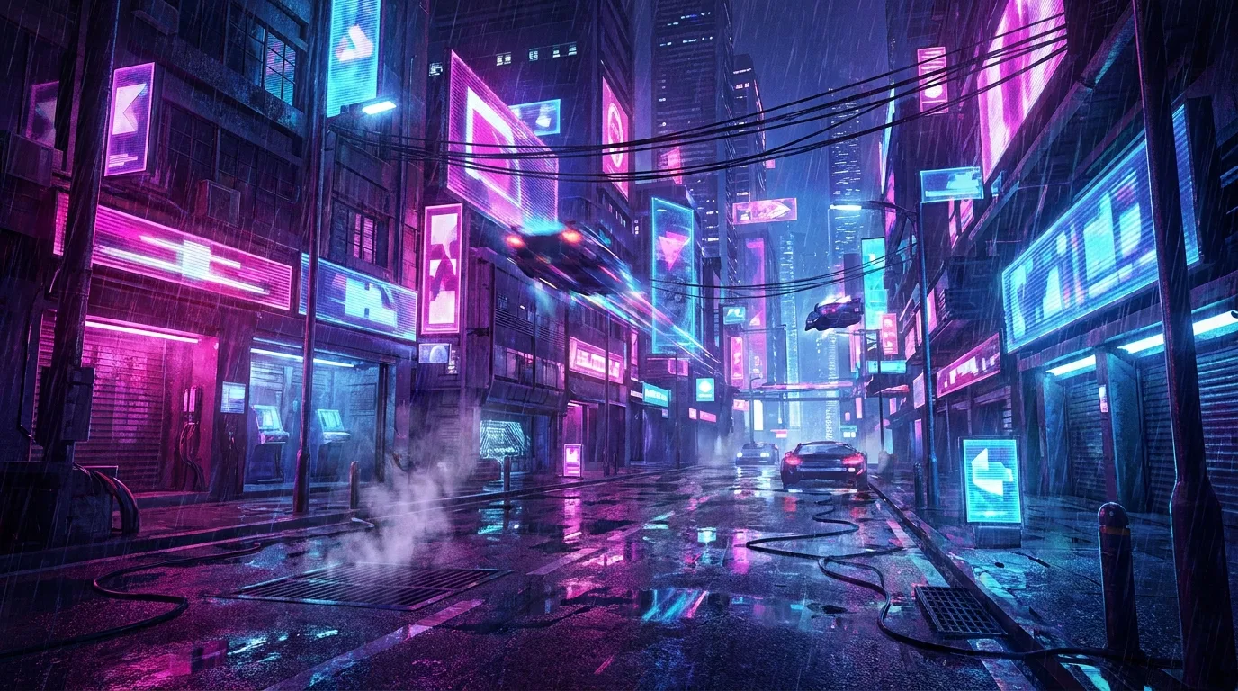 Cyberpunk example: a rain-soaked neon city street at night