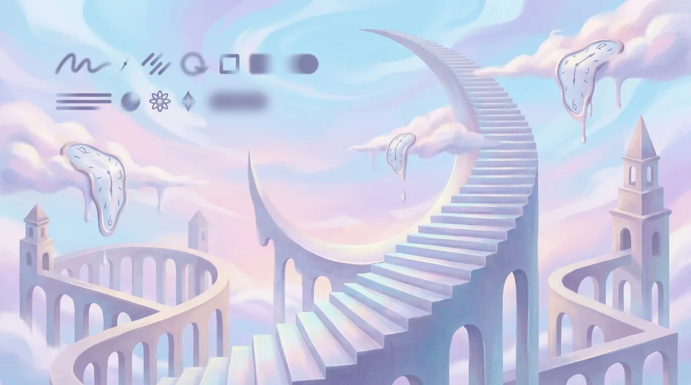 Surreal design example: impossible architecture and floating forms in a pastel sky