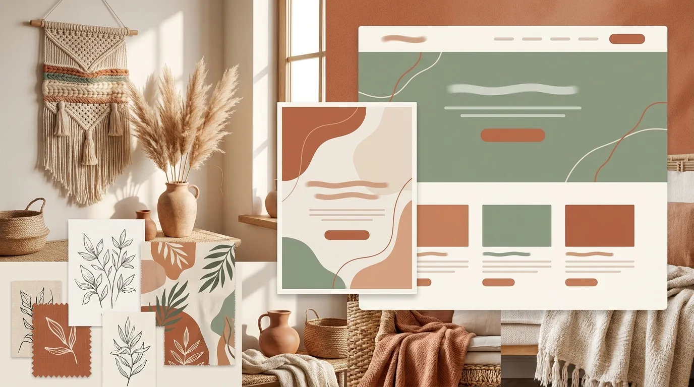 Bohemian style example: earthy tones, macrame, pampas grass and botanical motifs