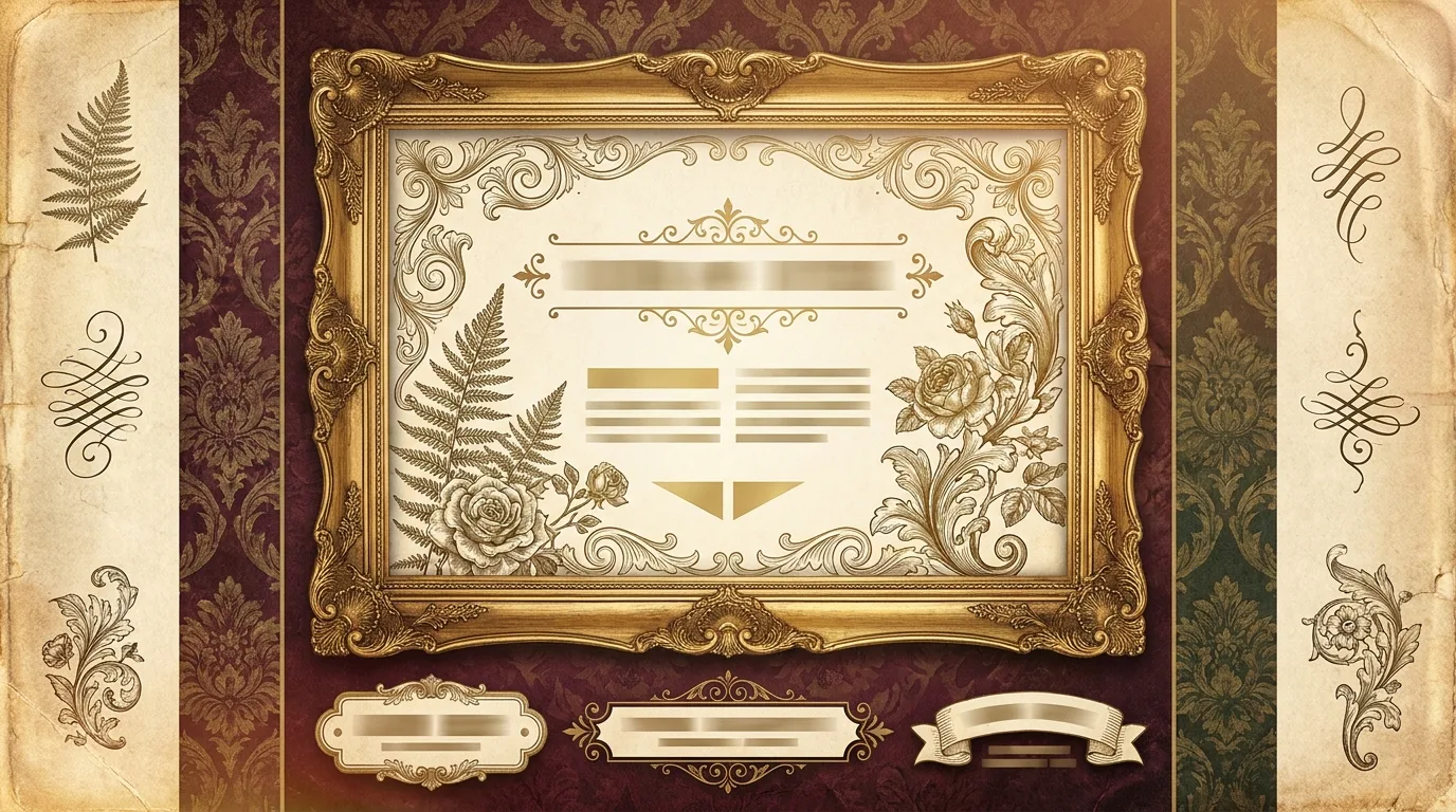 Victorian style example: gilded frames, damask patterns and engraved botanicals
