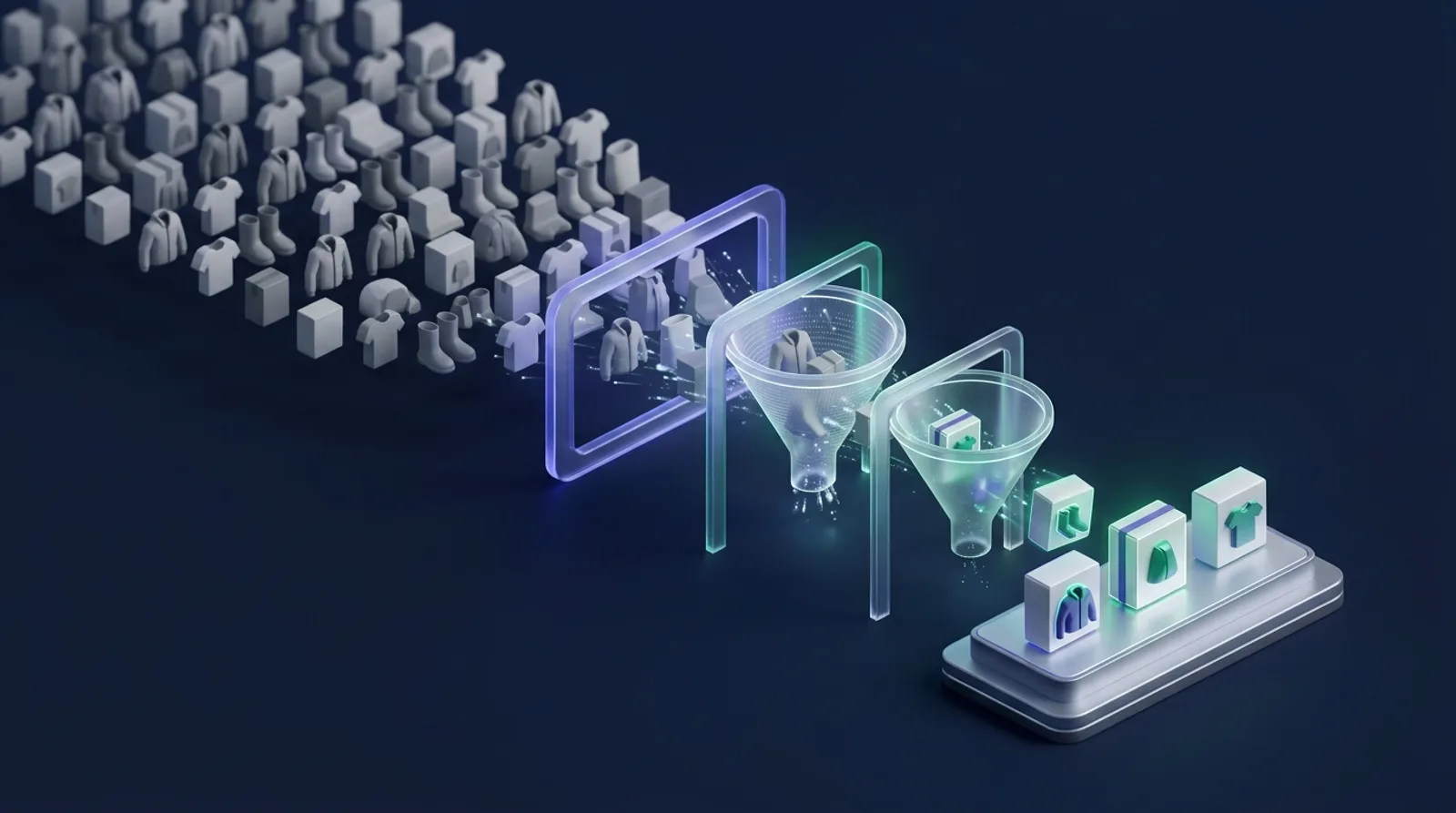 Illustration of product boxes flowing through filter gates