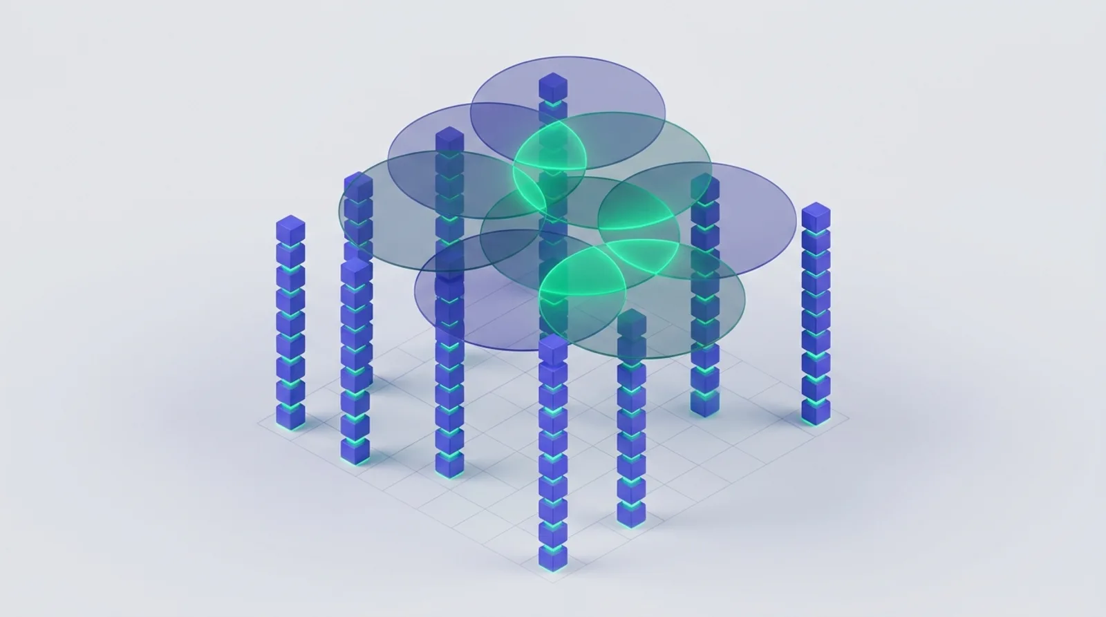 Illustration of columns of cubes with overlapping translucent circles