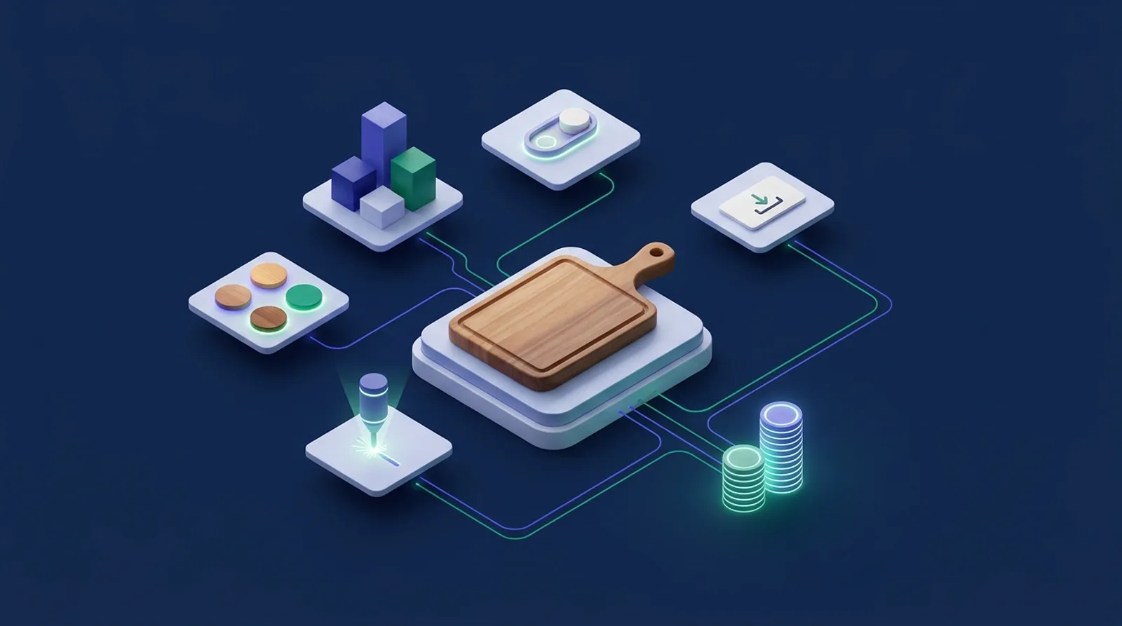 Illustration of option tiles connected to a growing price stack