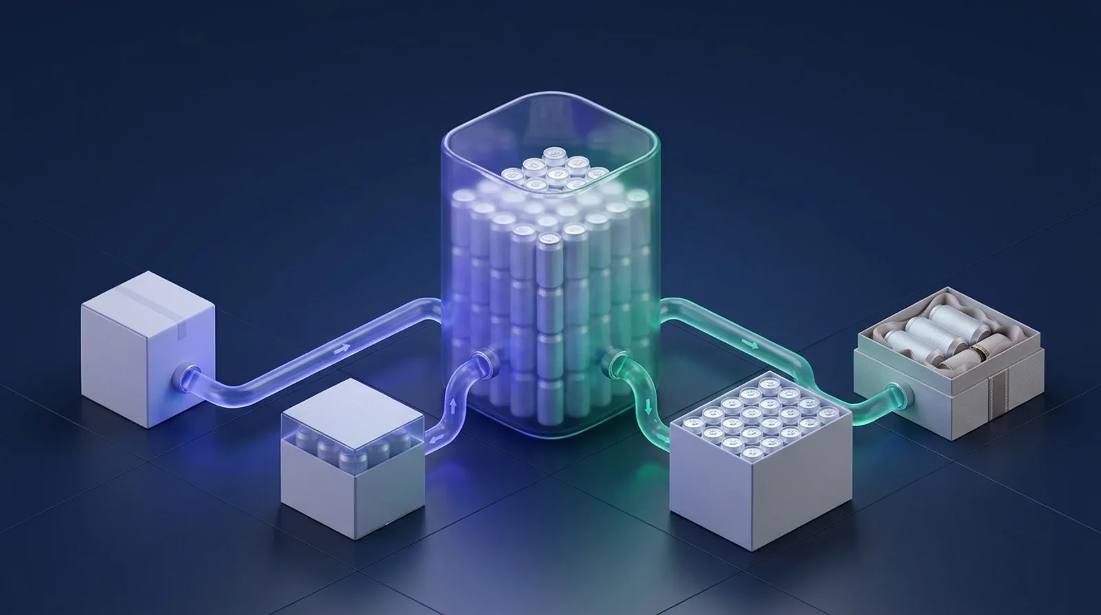 Illustration of a central reservoir of cans feeding several product boxes