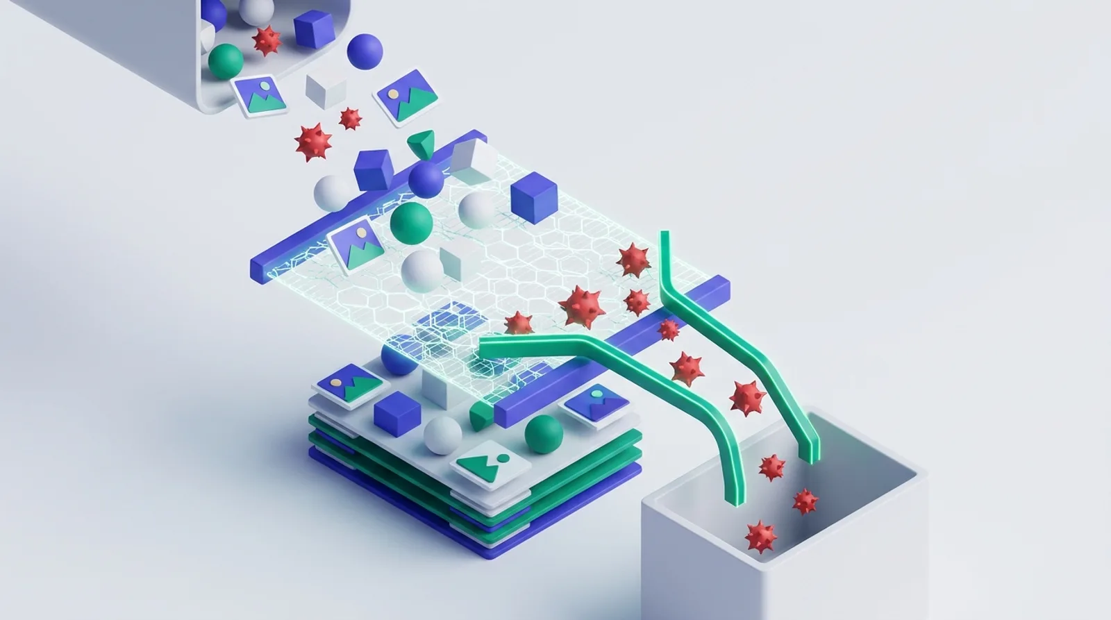 Illustration of a mesh filter letting clean shapes through and catching hazardous fragments