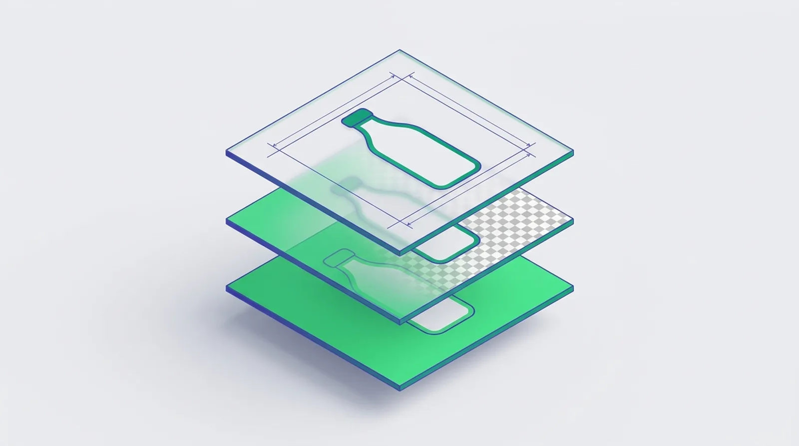 Three panes: a bottle on green, the green turning transparent, the bottle framed in a square