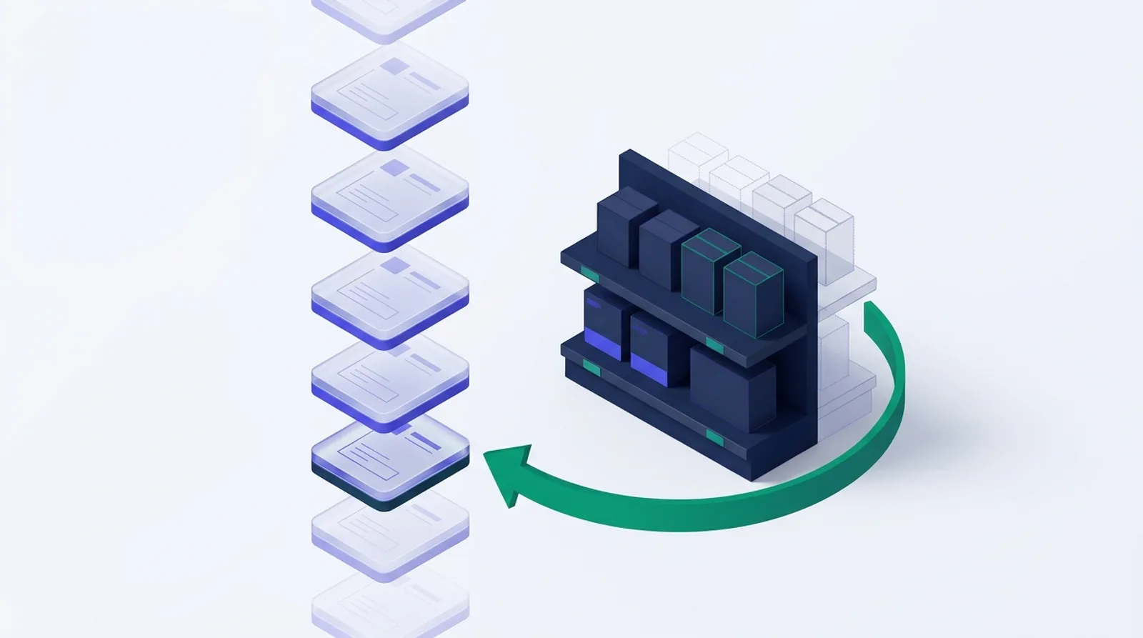 Illustration of a stack of ledger tiles beside a product shelf, with an arrow rewinding the shelf to its earlier state