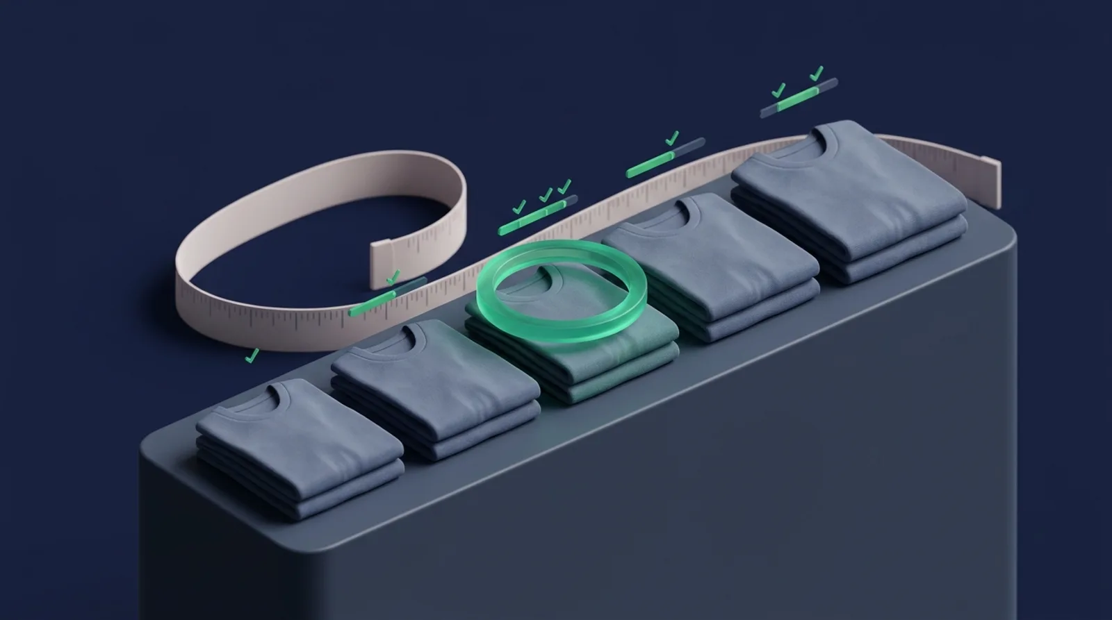 Illustration of folded shirts in graduated sizes with a measuring tape and a glowing ring