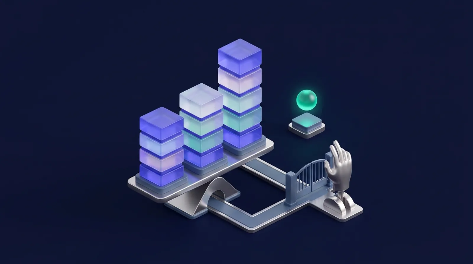 Illustration of a ledger of glowing blocks with an AI node beside it and a gate between them