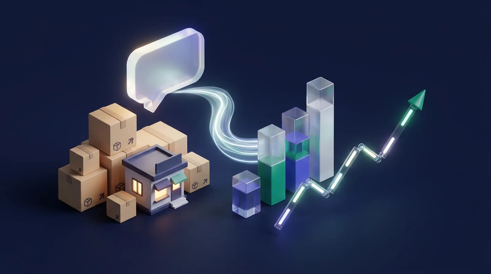Illustration of a small shop whose question bubble turns into glowing 3D bar charts