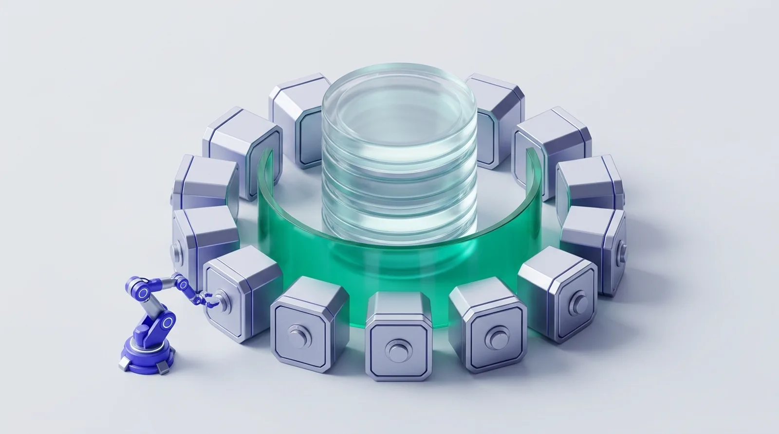 Illustration of a robotic arm that can only turn the dials on a ring of sealed drawers around a shielded database