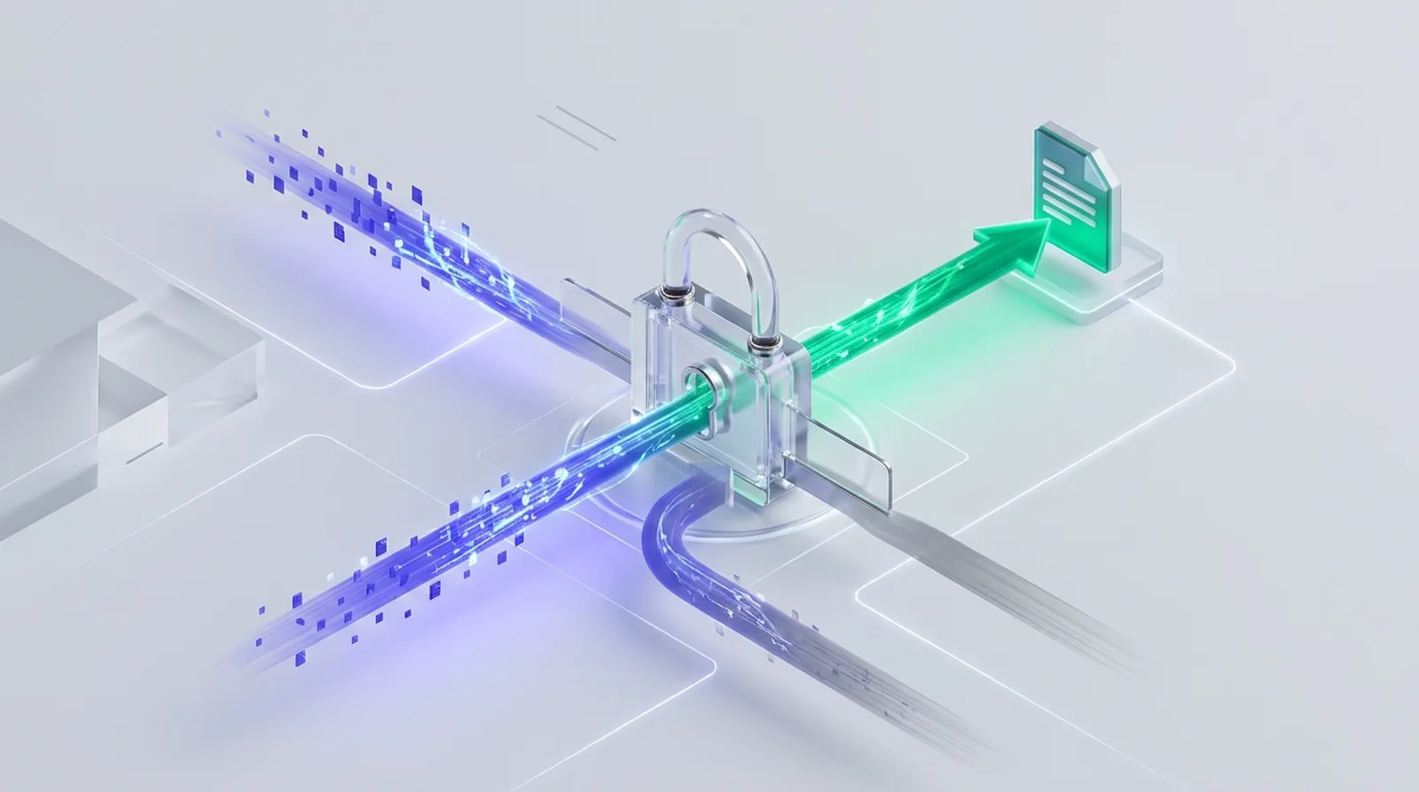 Illustration of two glowing request paths converging on a single lock, with only one passing through