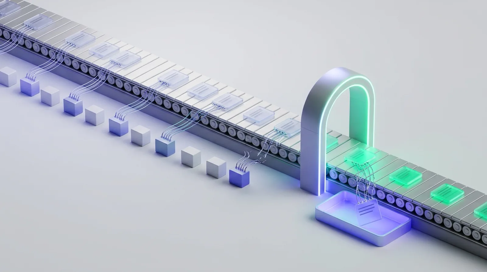Answer cards tethered to source blocks passing through a glowing gate