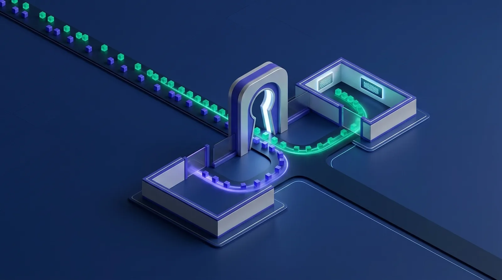 Isometric illustration of cubes passing through one checkpoint arch into a walled compartment