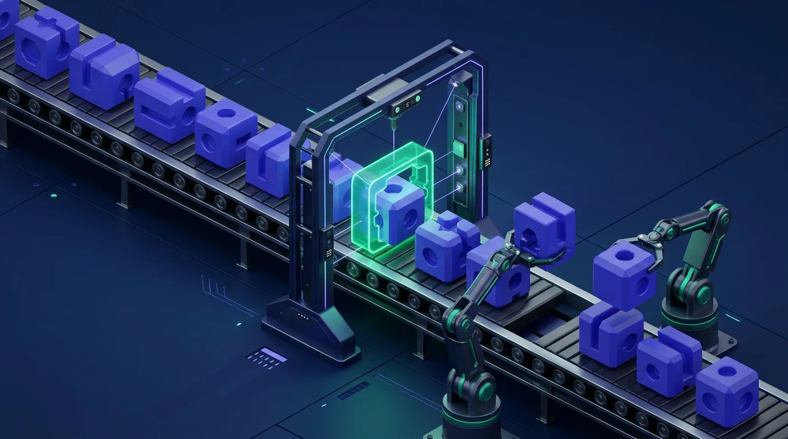 Isometric illustration of blocks passing through a matching mold gate