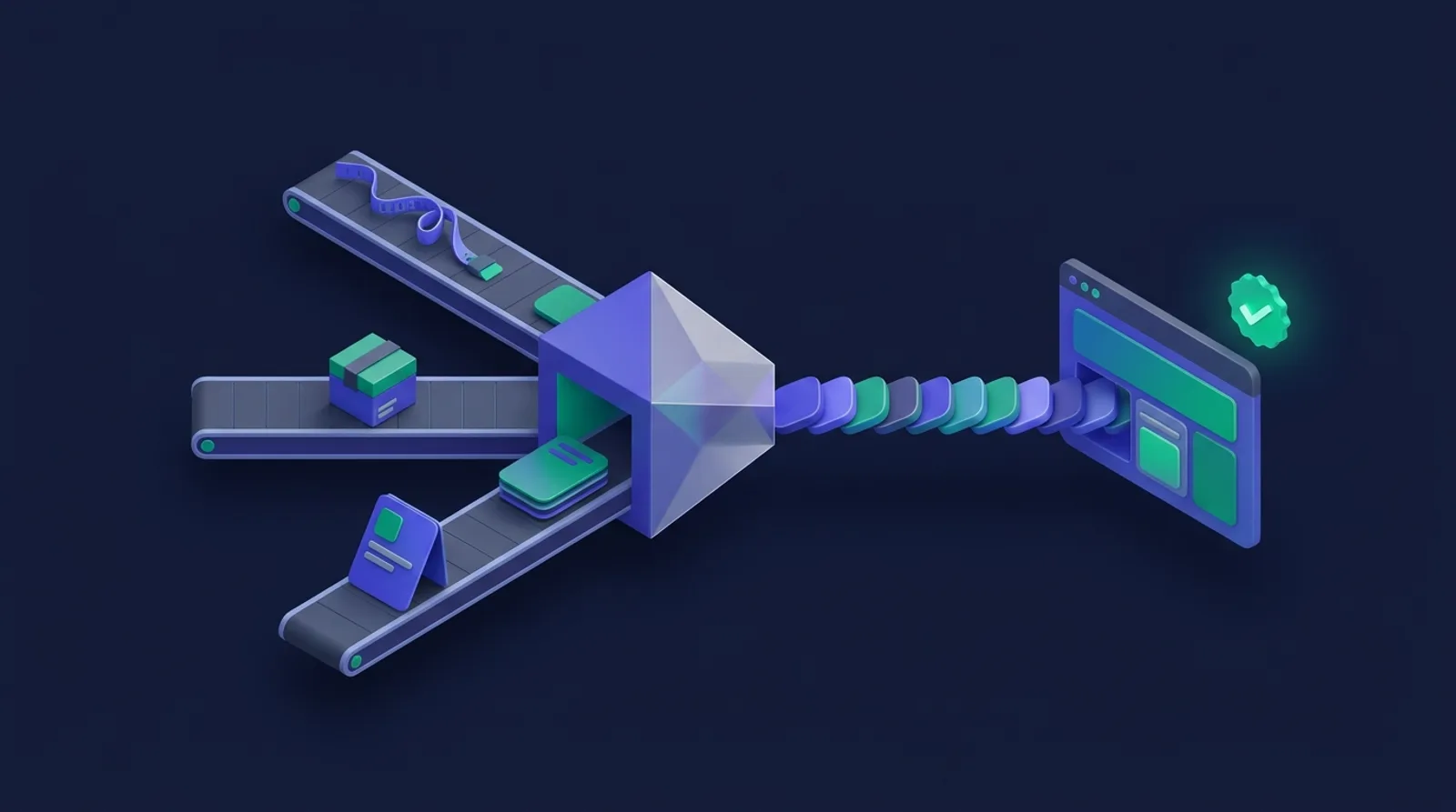 Illustration of three different data shapes passing through a prism and coming out as one uniform stream