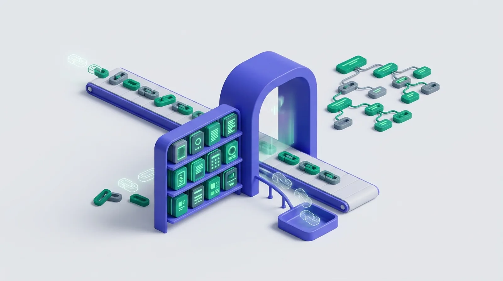Isometric illustration of link tokens checked against real page blocks, with unmatched tokens filtered out