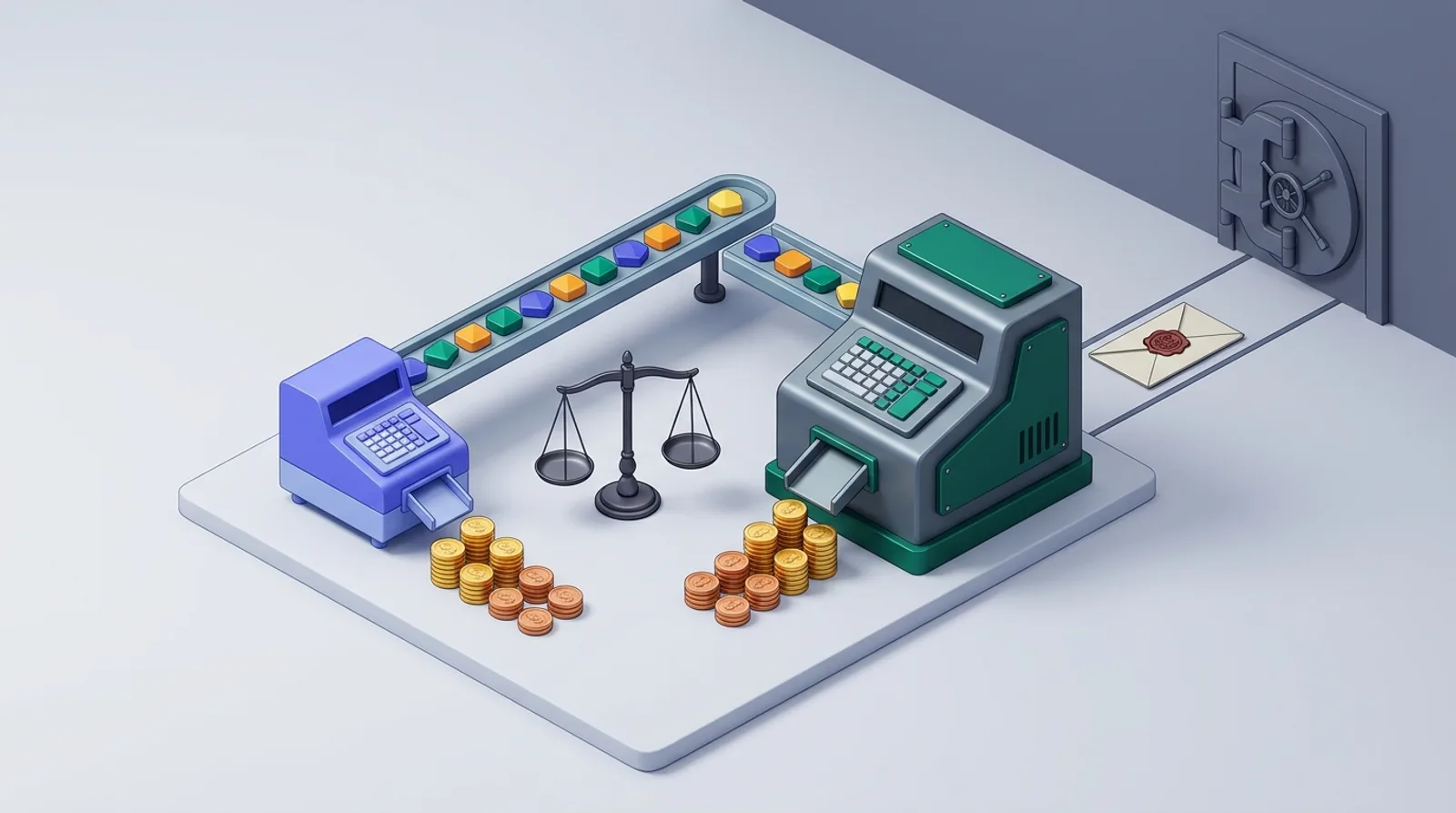 Isometric illustration of two matching calculators, one for the browser and one for the server, balanced on a scale