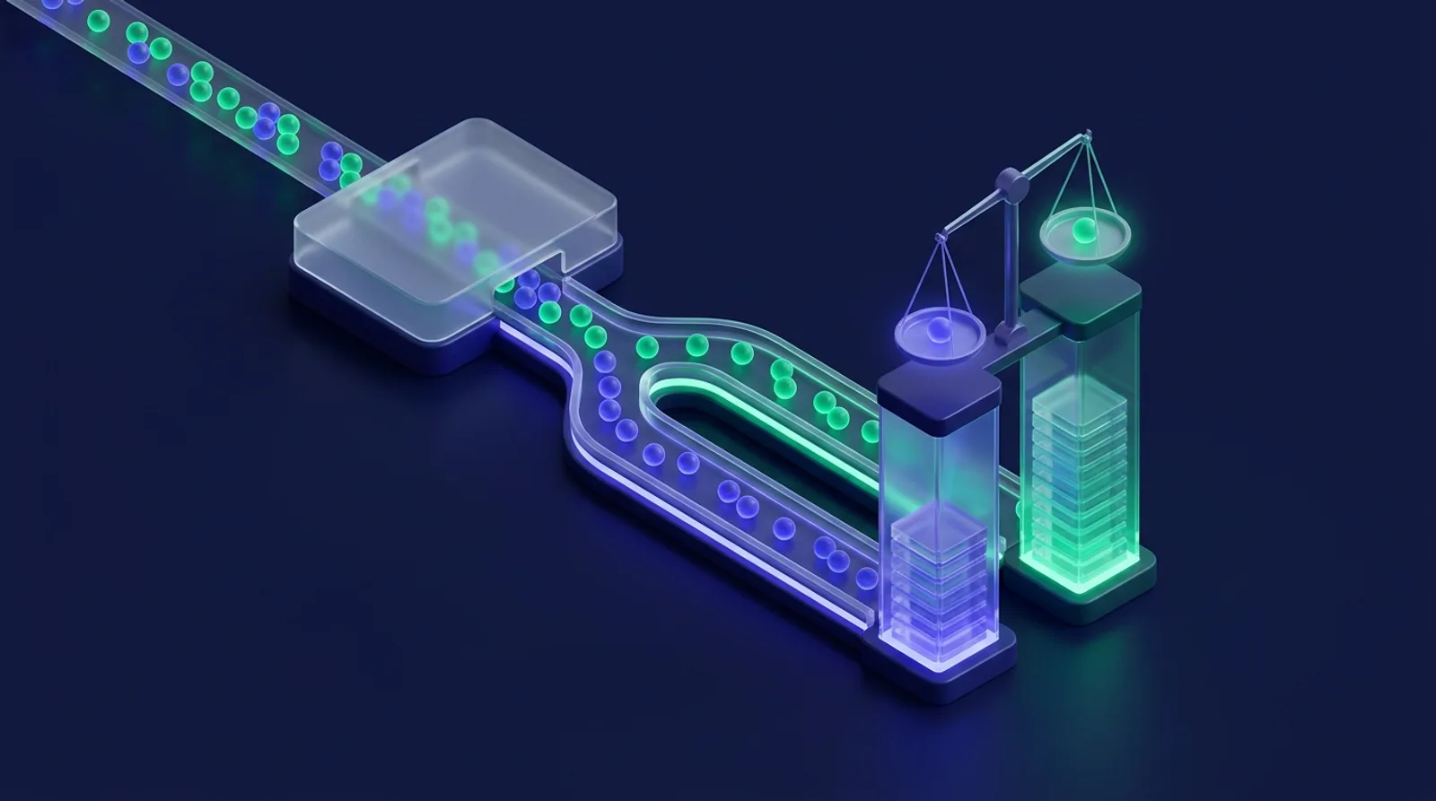 Isometric illustration of visitors passing a cache layer and splitting into two counted lanes weighed on a scale