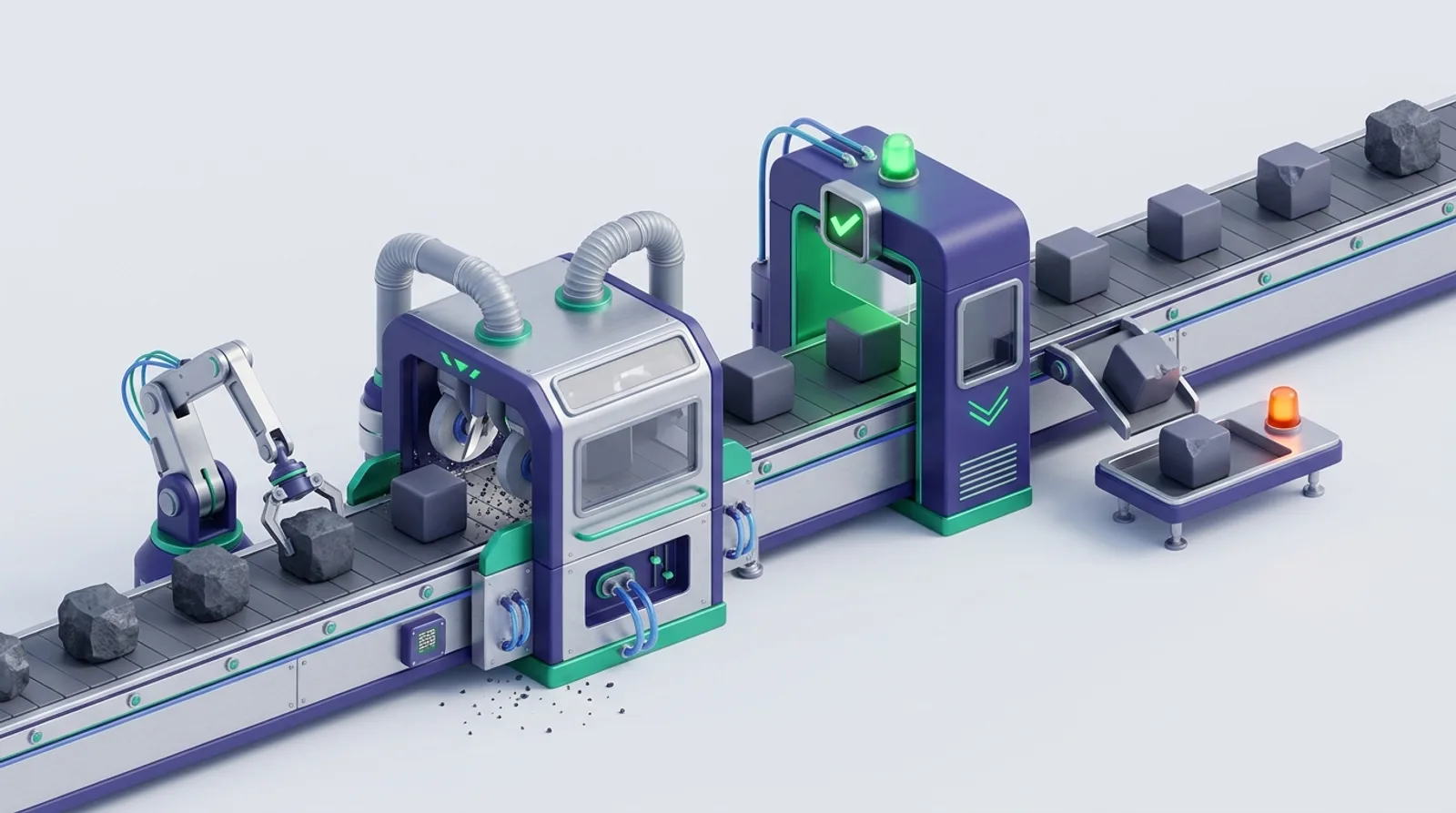 Illustration of blocks reshaped, checked at a gate, misfits set aside