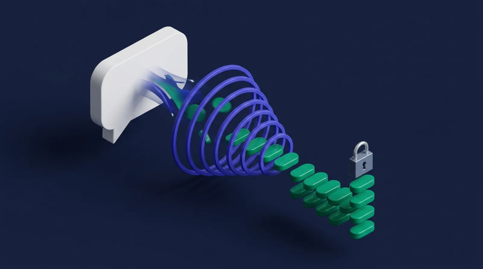 A speech bubble passing through filter rings into a column of time-slot pills, one with a padlock