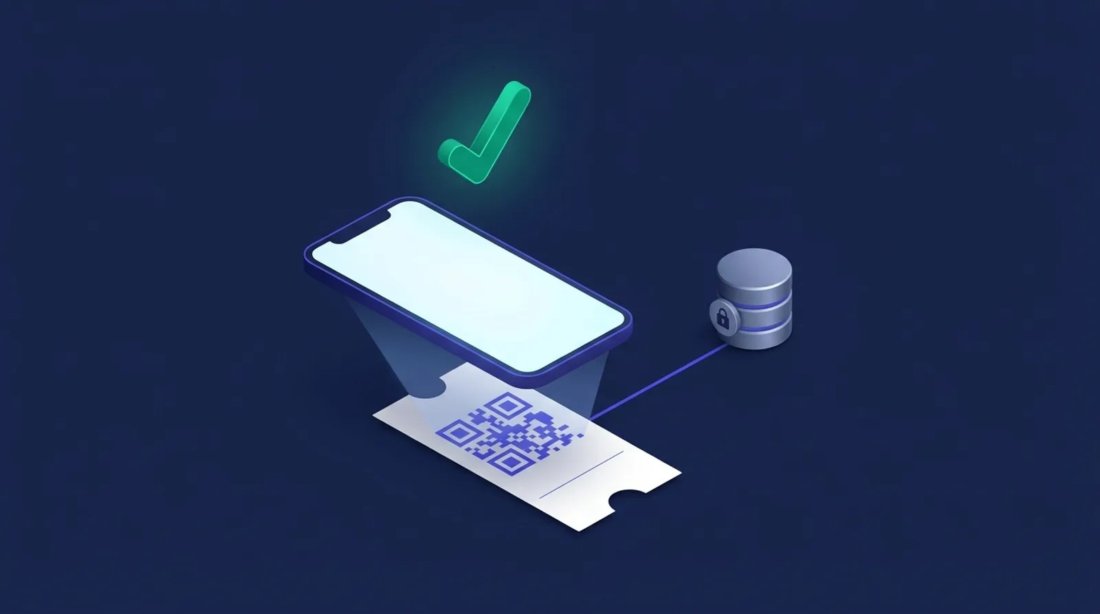 A phone scanning a ticket pattern, with a check mark and a locked database cylinder