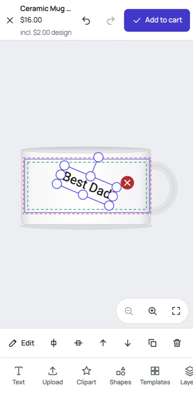 Mobile studio with a rotated text element on a mug and a bottom tool bar