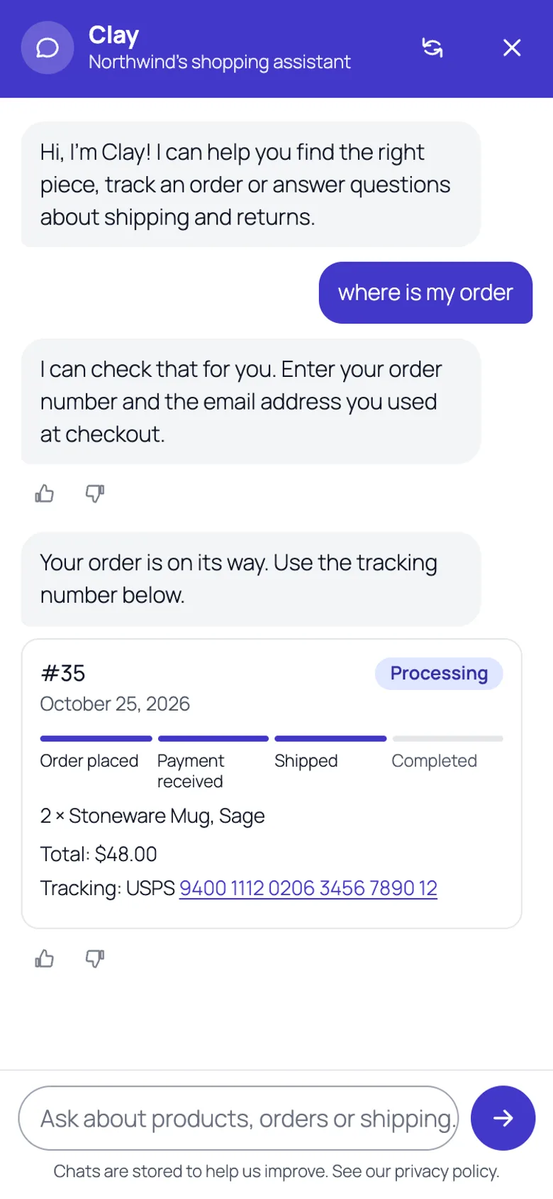 Phone chat sheet showing an order with a status timeline and tracking number