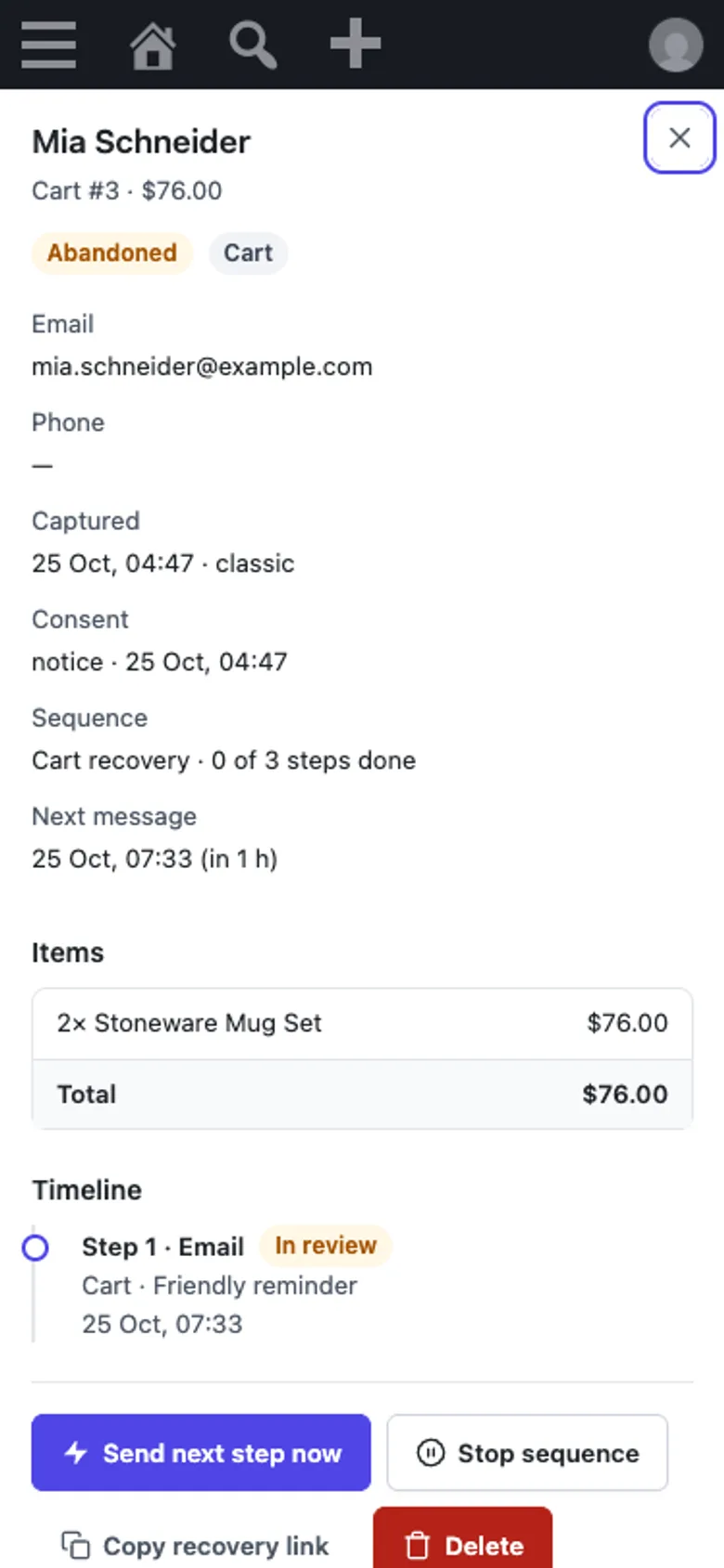 A captured cart on a phone with its next scheduled message and timeline