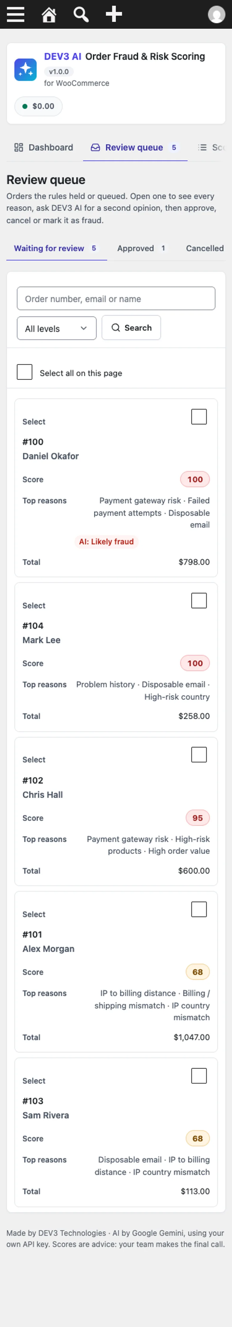 On a phone the review queue collapses to cards