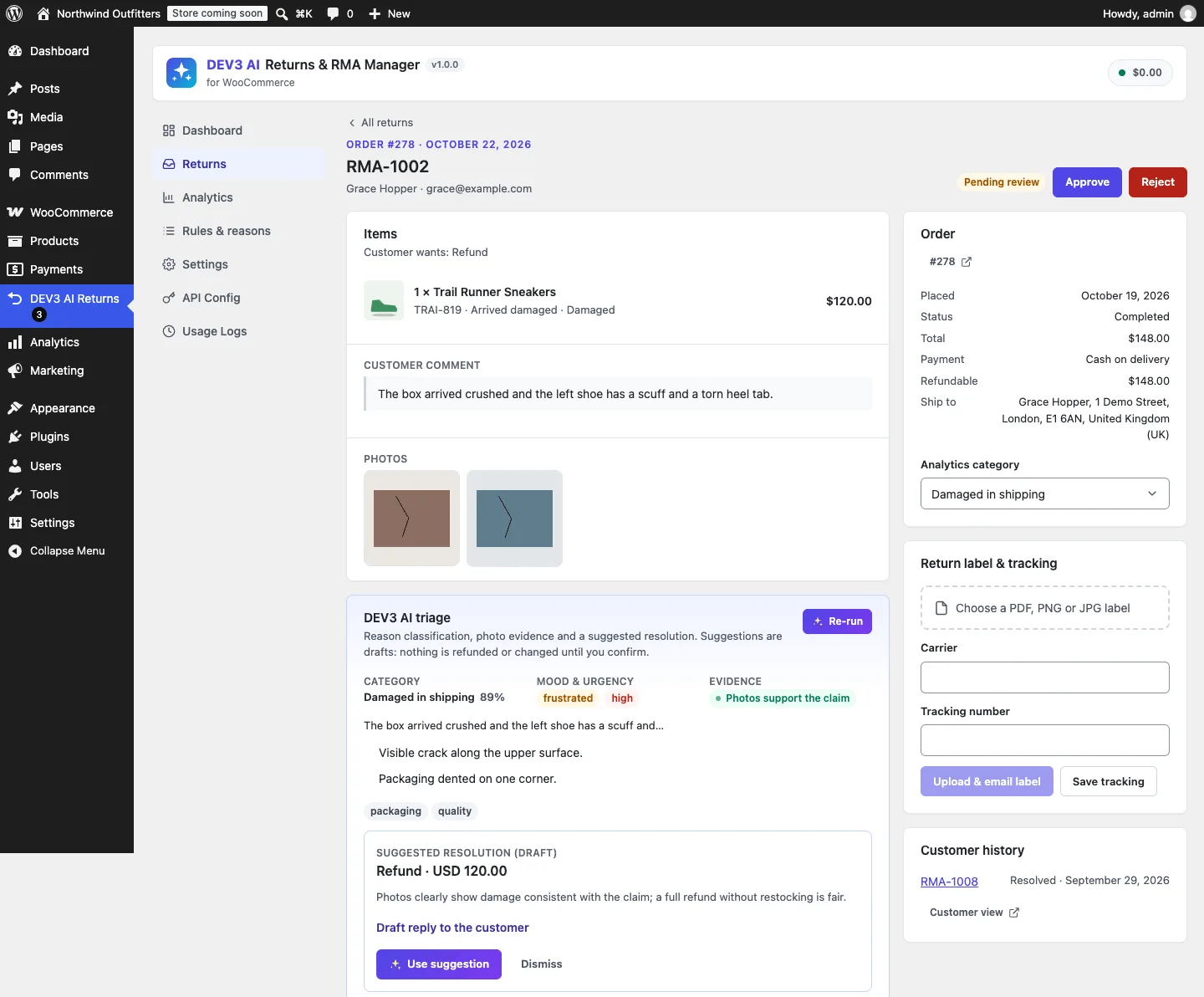 A return request with photos and the DEV3 AI triage card suggesting a refund as a draft