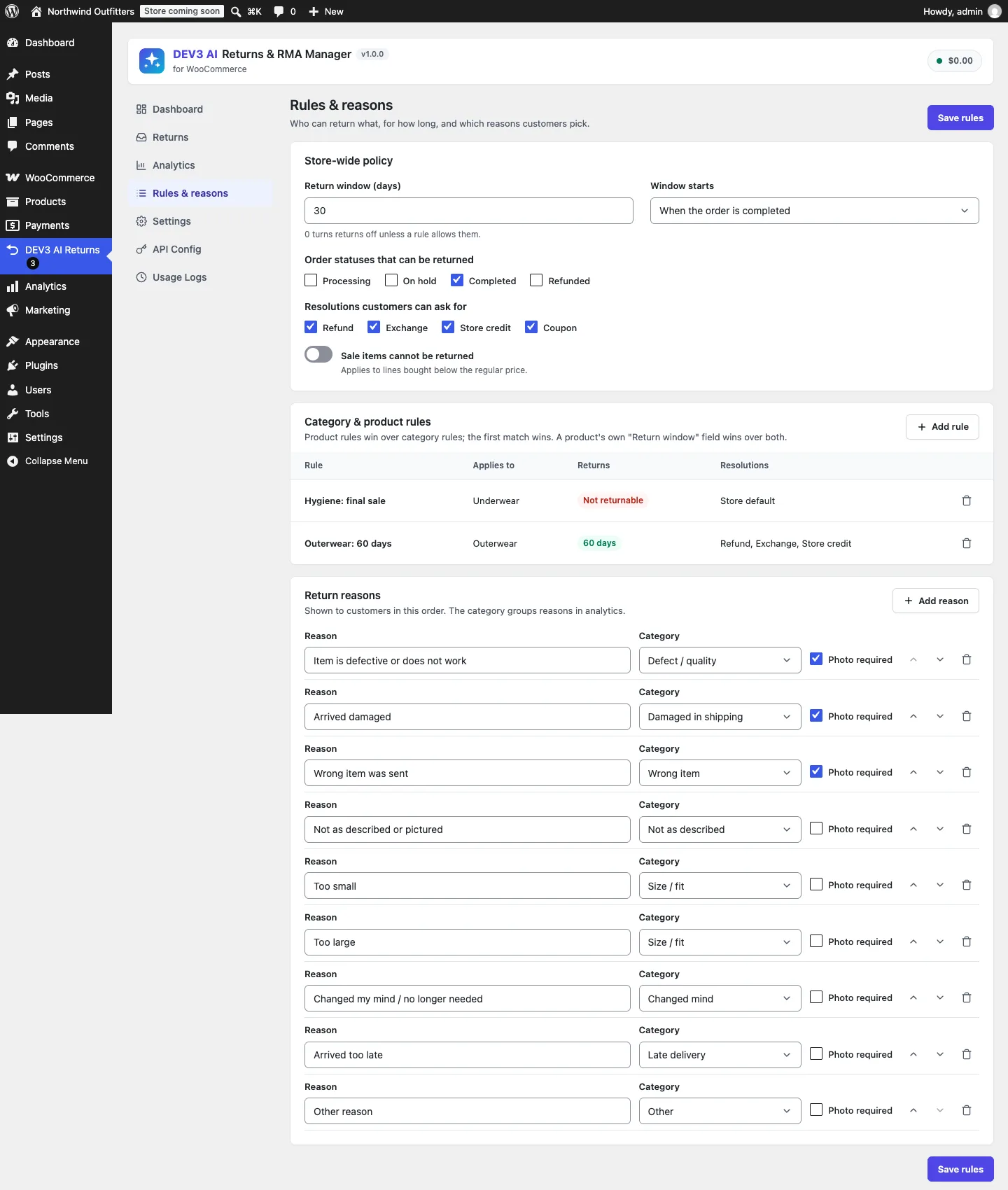 The Rules & reasons screen with a 30-day window, two category rules and the reasons list