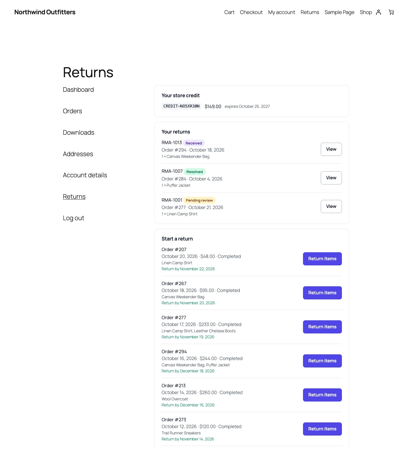 My Account › Returns showing a store credit balance, the shopper's returns and orders that can still be returned