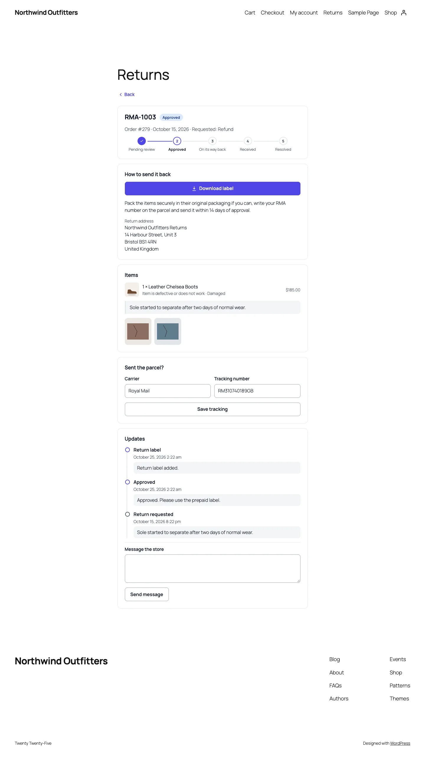 The shopper's request page with a progress bar, label download, return address and tracking form