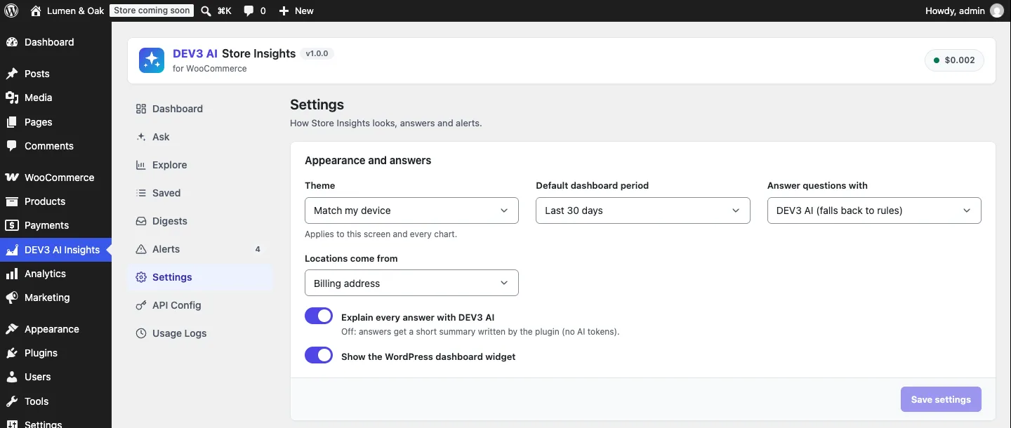 Settings card with theme, default dashboard period, answer mode, location source and explanation toggles