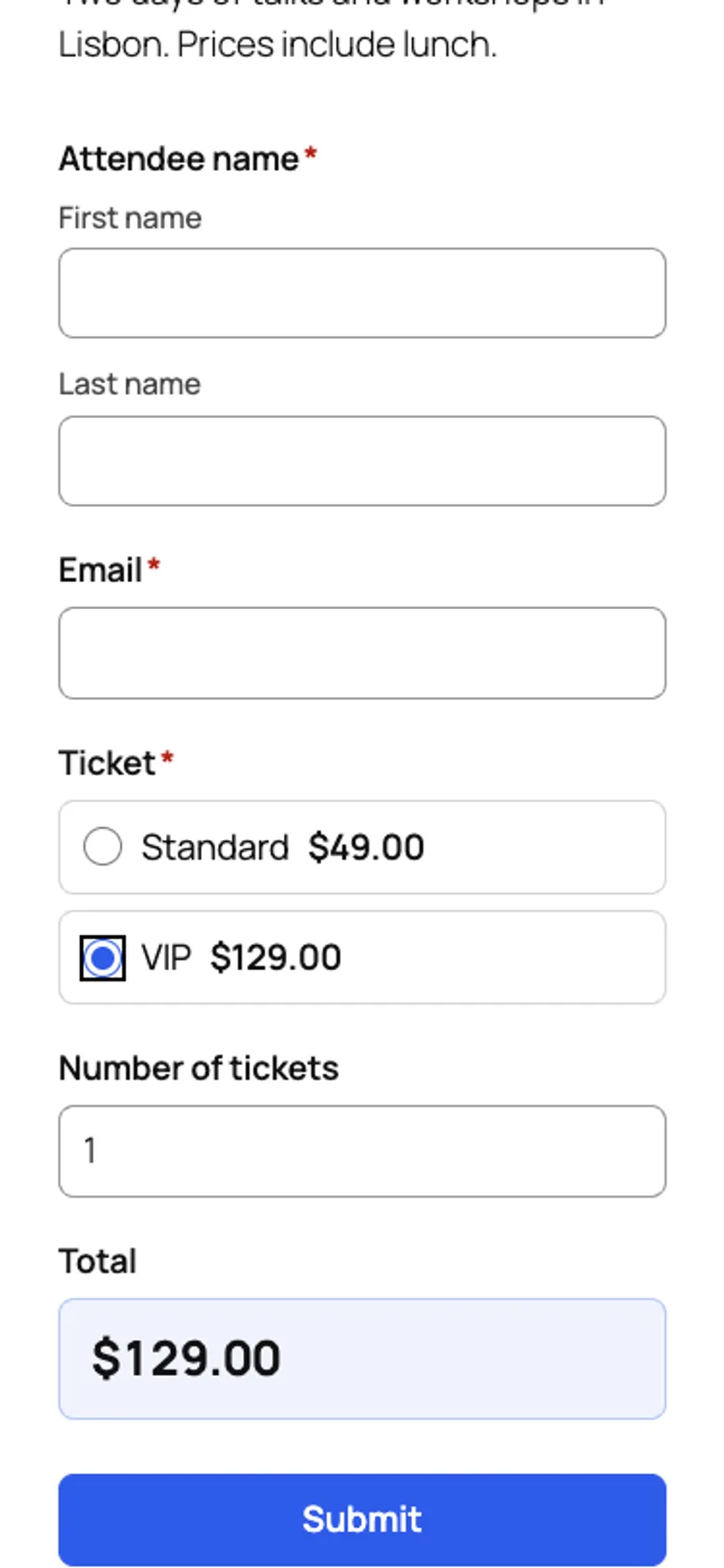 An event registration form on a phone with ticket choice, quantity and total