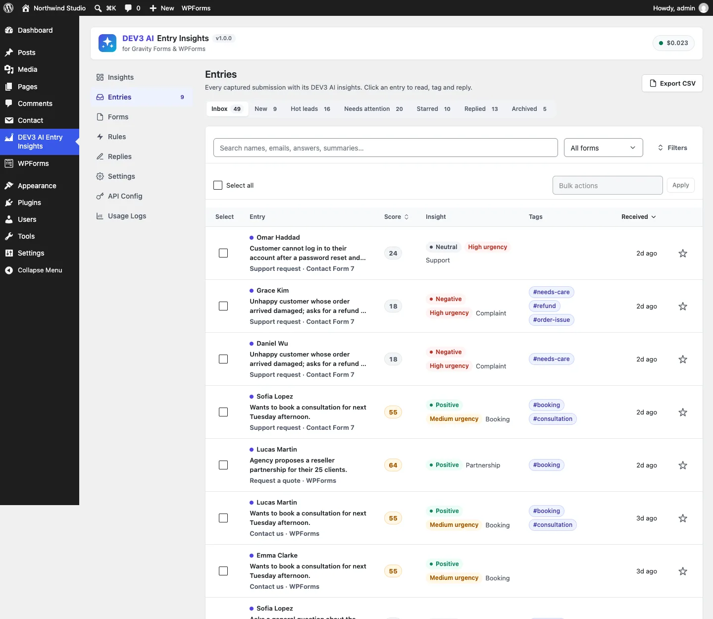The entries inbox with scores, sentiment, urgency and tags for each submission