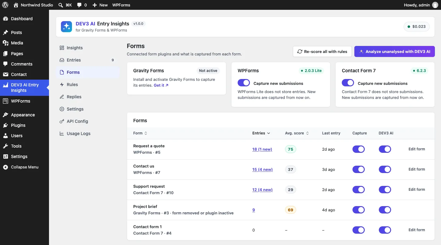 Forms screen with WPForms and Contact Form 7 detected and per-form capture and AI switches