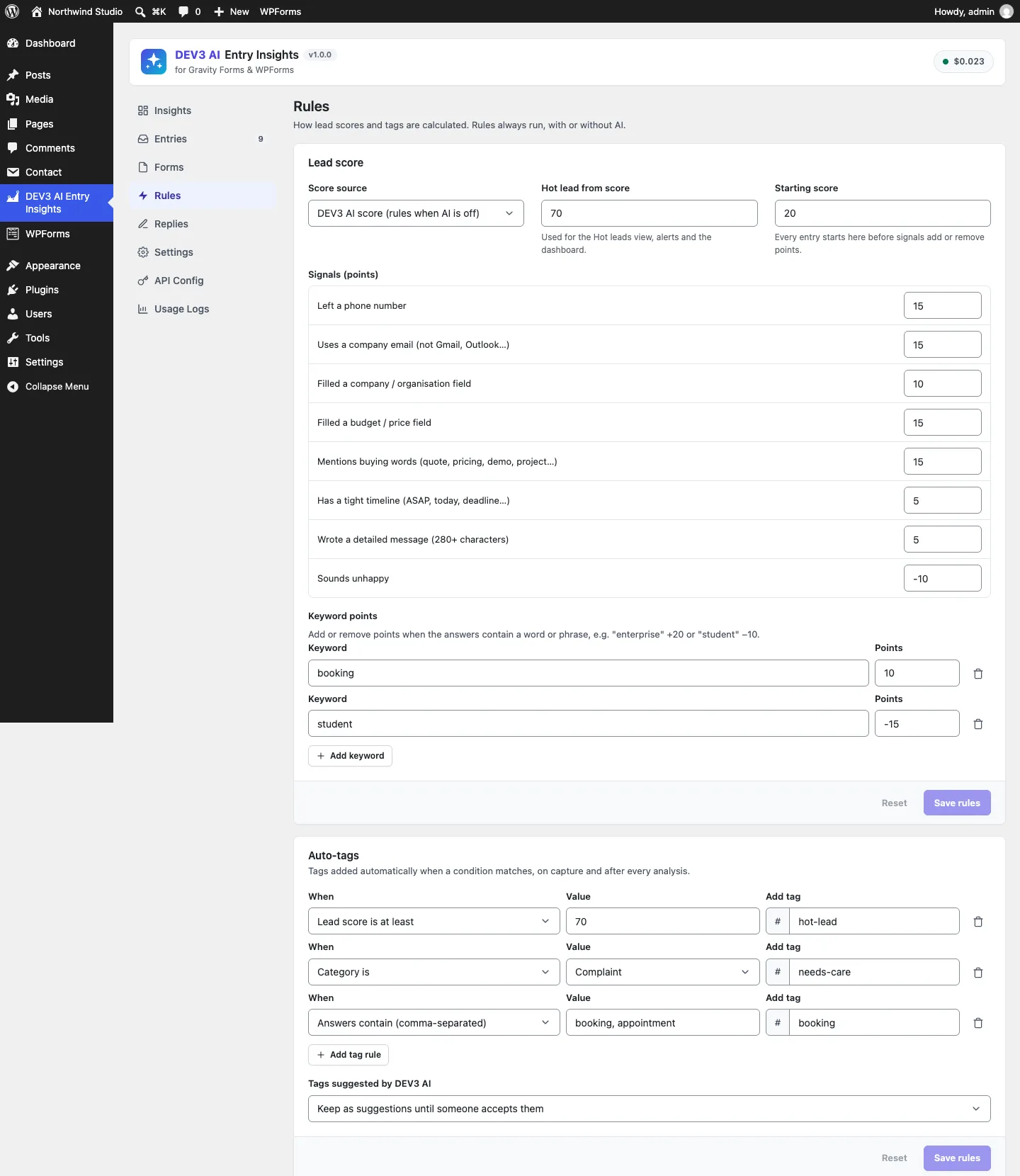 Rules screen with signal points, keyword points and auto-tag rules