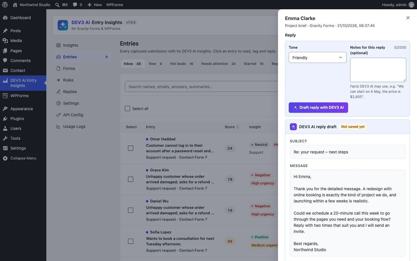 A DEV3 AI reply draft open in the entry drawer, waiting to be edited and sent