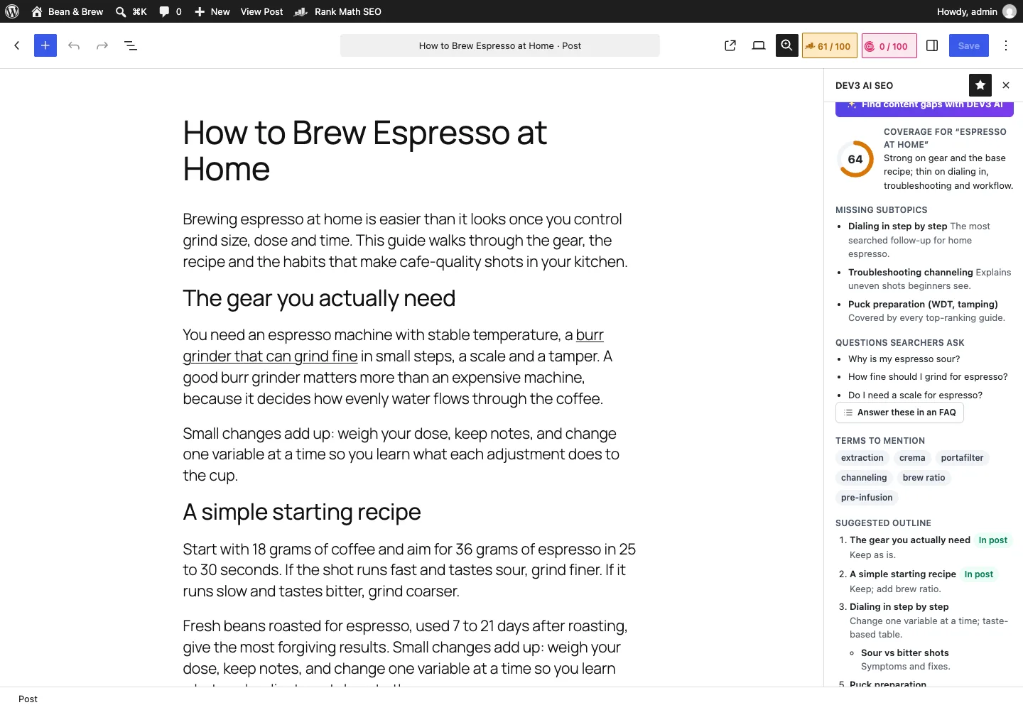 Content gaps and outline in the DEV3 AI SEO editor sidebar