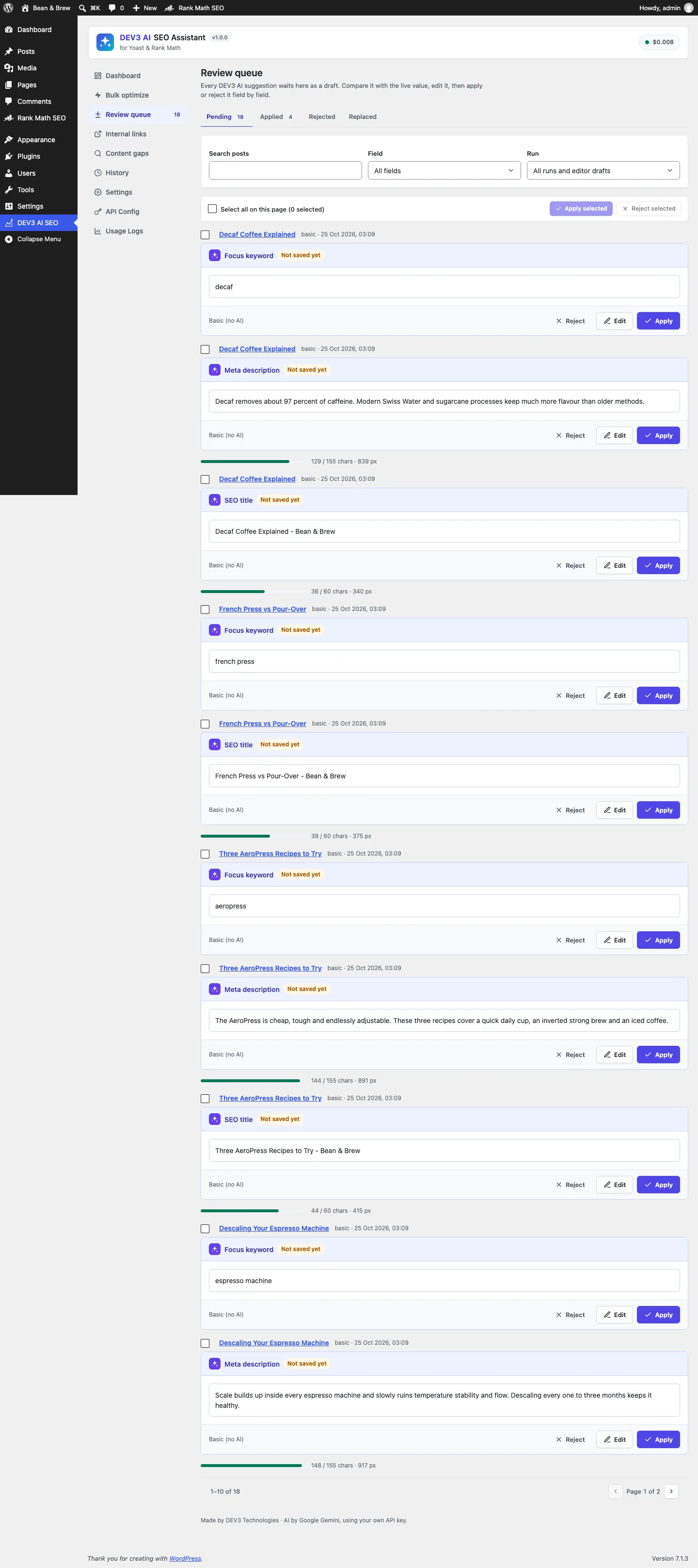 Review queue with field-level drafts and length meters