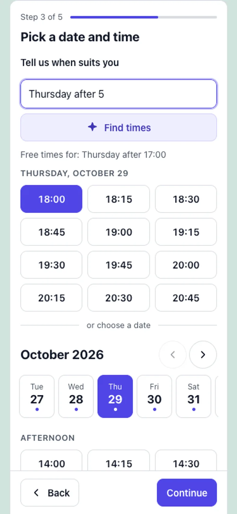Mobile widget showing free times for 