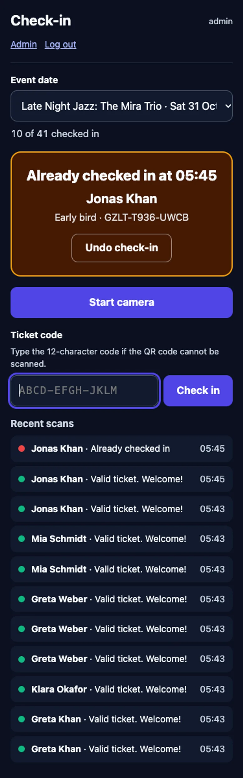 The check-in screen showing an already-checked-in result, undo, manual entry and recent scans